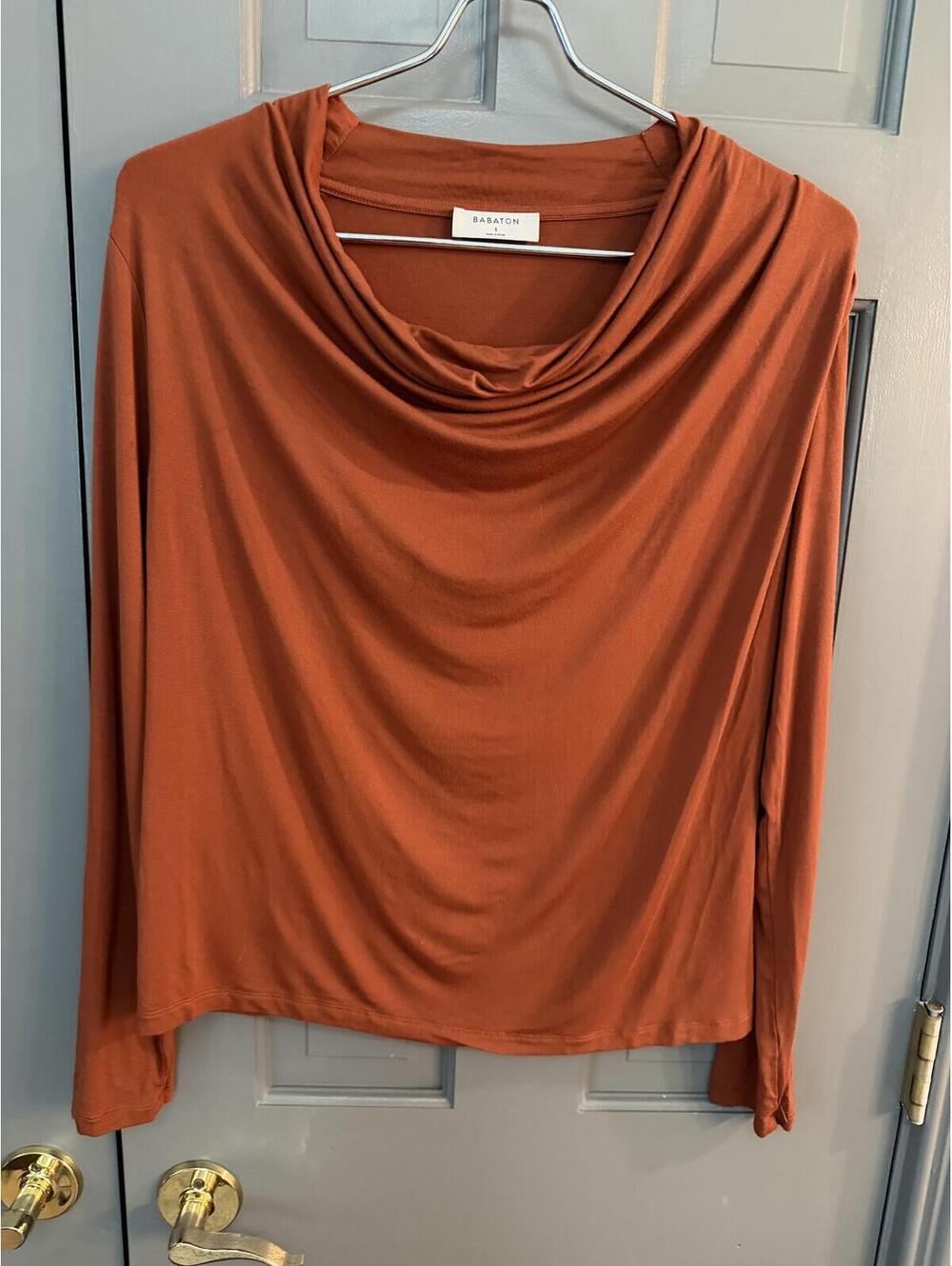 Aritizia Babaton Rust Color Cowl Neck Long Sleeve Blouse Size S EUC